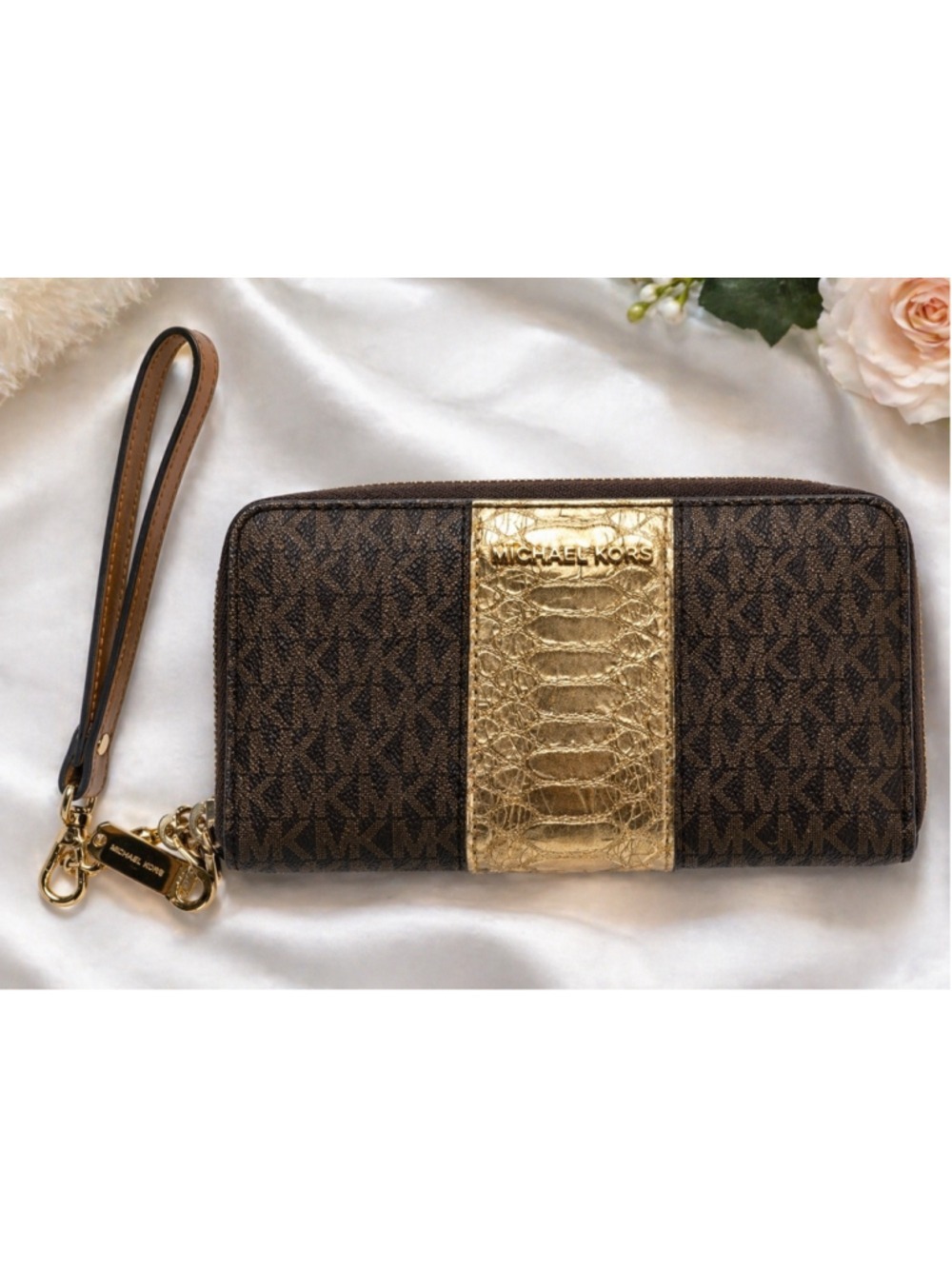 Michael Kors Brown Logo Zip Wallet Wristlet Gold Accent